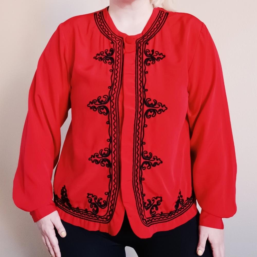 Vintage Yves St. Clair 90s Embroidered Black Red Button Up Blouse Long Sleeve